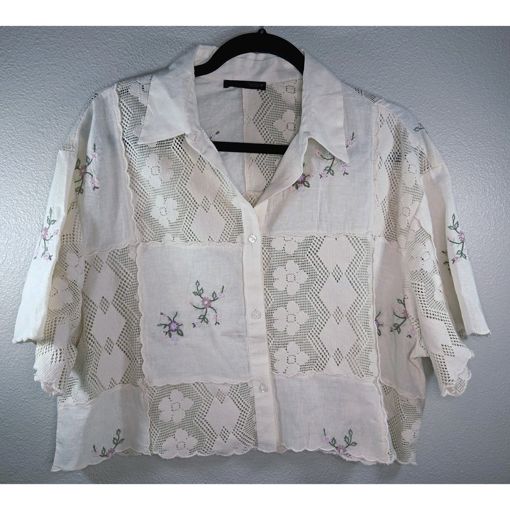 Zara Patchwork Lace Embroidered Blouse Medium Sheer Floral Cropped Button Front